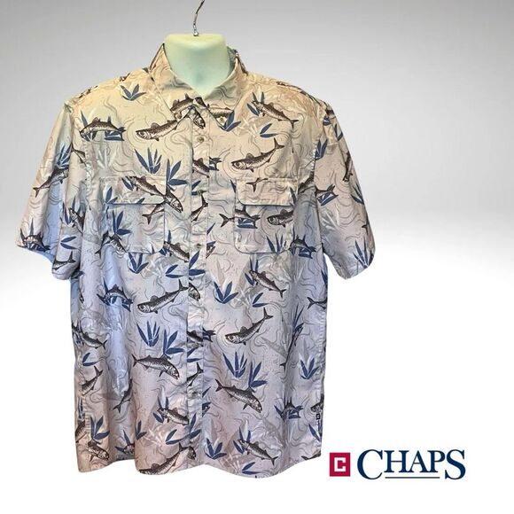 Chaps Other - Chaps Blue and Gray Fish Pattern Casual Button Down Shirt, Size XL